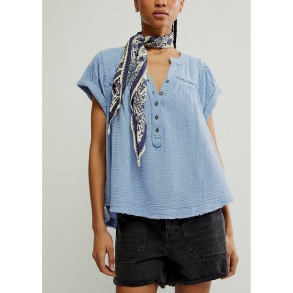 Free People Tops - Free People Double Cloth Top Womens Small Blue Gauze Tunic Flowy Bohemian Beach
